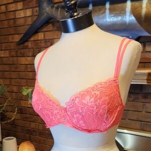PINK Victoria's Secret Coral Lace Bra Demi Buste Lightly Lined Size 34D Neon